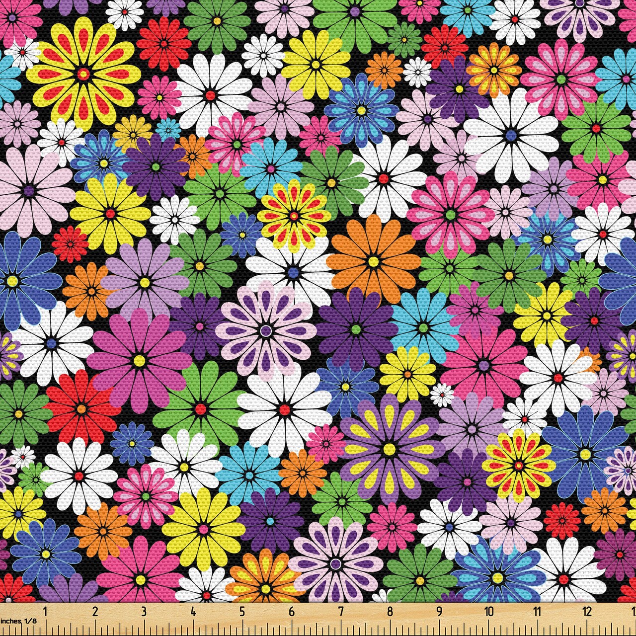 Ambesonne Flower Fabric by The Yard, Floral Vivid Pattern with Colorful Flowers Daisies Wildflowers Cheerful Natural, Decorative Fabric for Upholstery and Home Accents, 2 Yards, Purple Black